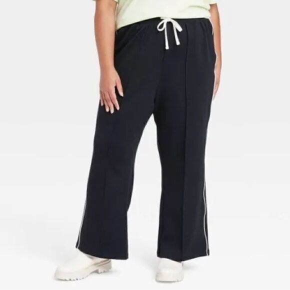 Ava& Viv pants Womens size X 14 W pull on drawstring Black side white stripe New - Picture 1 of 10